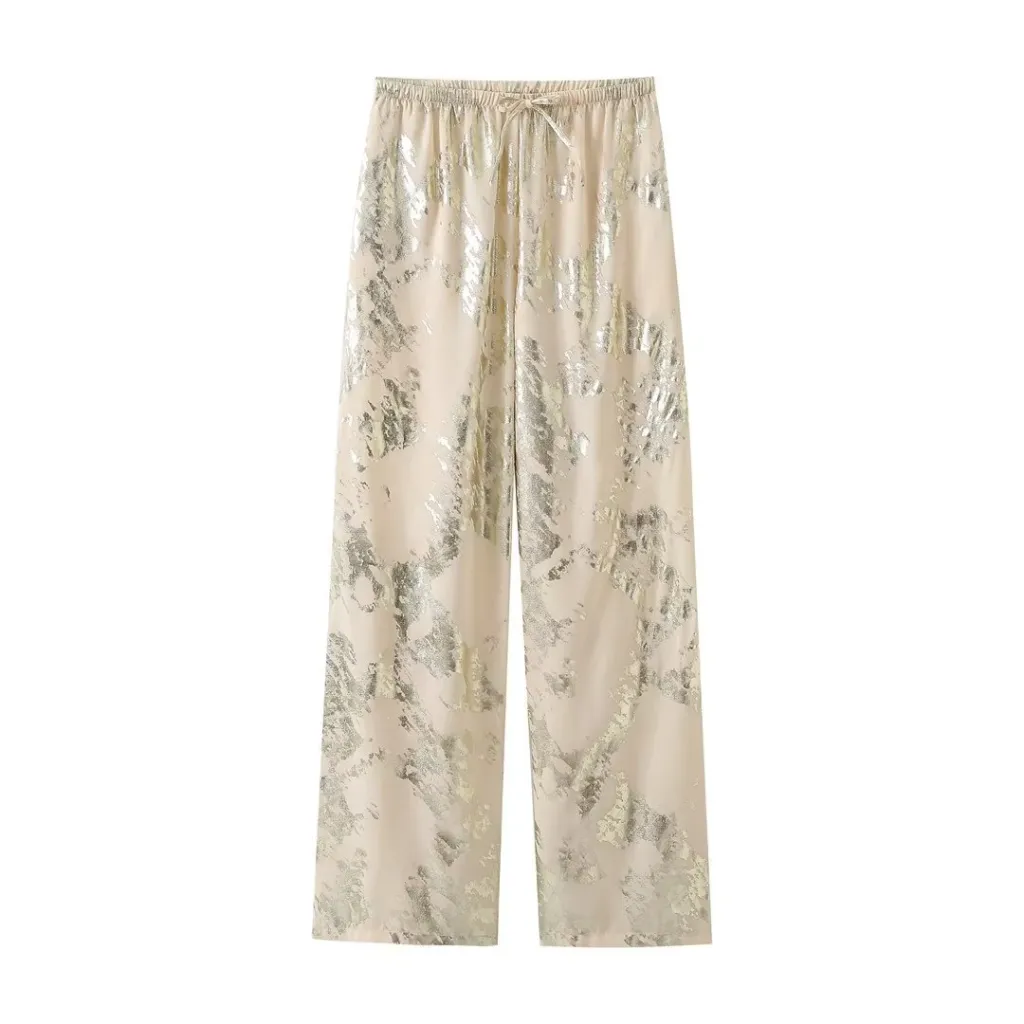 European And American Style Metal Series Printed Mid Waist Trousers - Gold