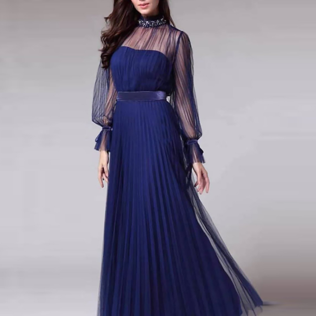 Dignified Generous Style Pleated See through Dress Blue - Shop at LoveMi