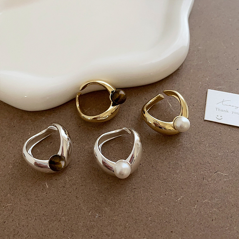 Irregular Metal Pearl Tigereye Open Ring For Women
