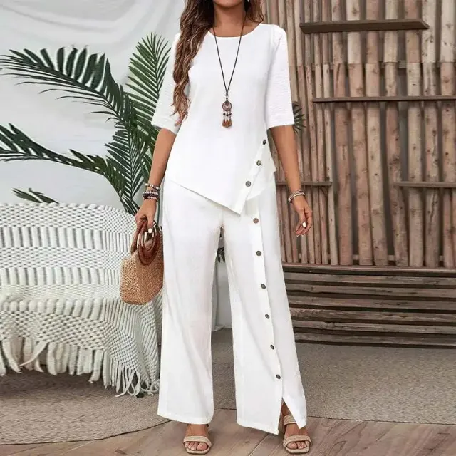 Elegant And Fashionable Casual Button Half sleeve Shirt Loose Two piece Set White - Shop at LoveMi