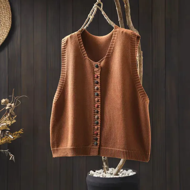 Spring And Autumn Outer Wear Solid Color And V neck Color Buckle Knitted Cardigan Vest Vest For Women Orange - Shop at LoveMi