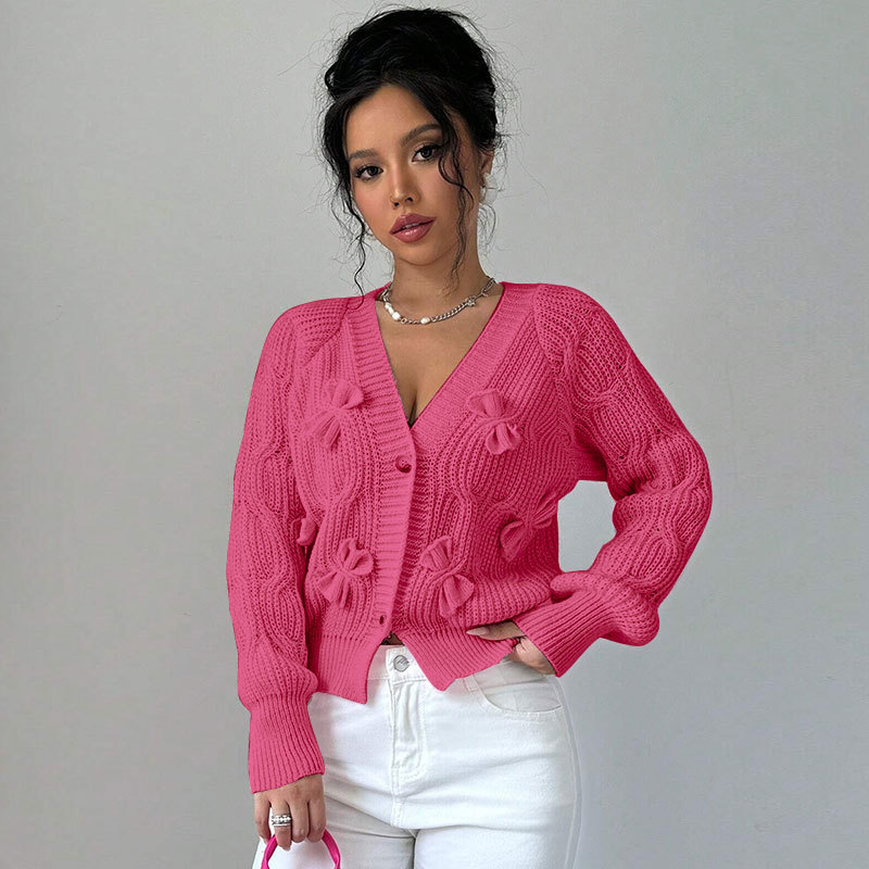 Women's Solid Color Long Sleeve Bowknot Knitwear Cardigan Coat - Image 2