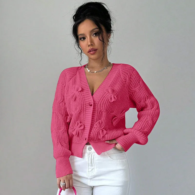 Women's Solid Colour Long Sleeve Bowknot Knitwear Cardigan Coat - Rose