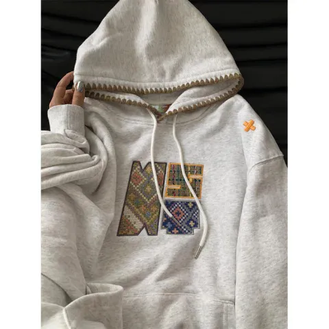 Retro Ethnic Style Woven Patch Versatile Loose Hooded Sweater Greige - Shop at LoveMi
