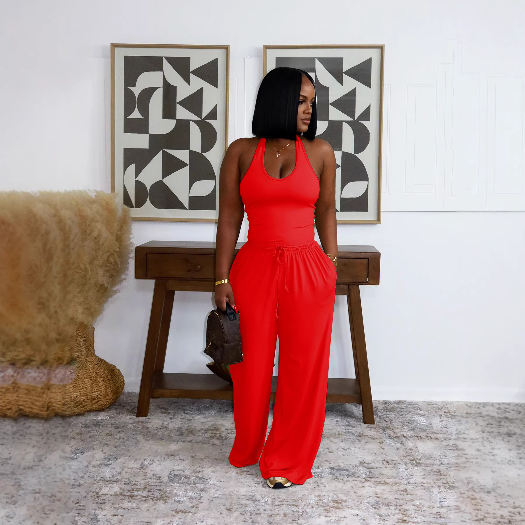 European And American Style Summer Solid Color Casual Halter Top And High-Waist... 4