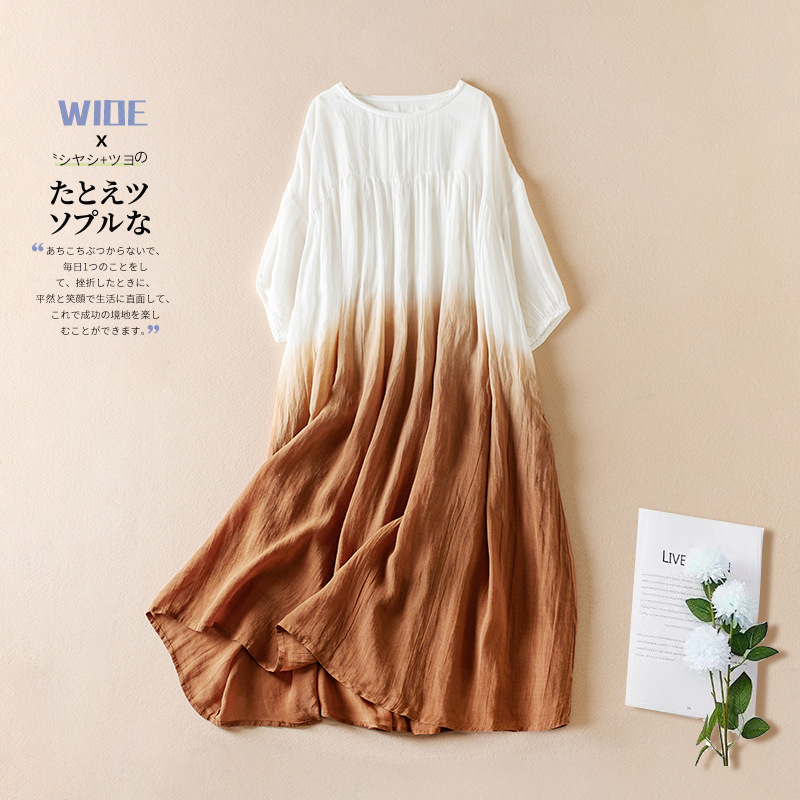 Half Sleeve Ramie Dress Gradient Plus Size Cotton And Linen Dress