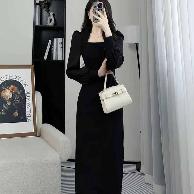 Long-sleeved French-style Waist-cinching Elegant Dress - Black