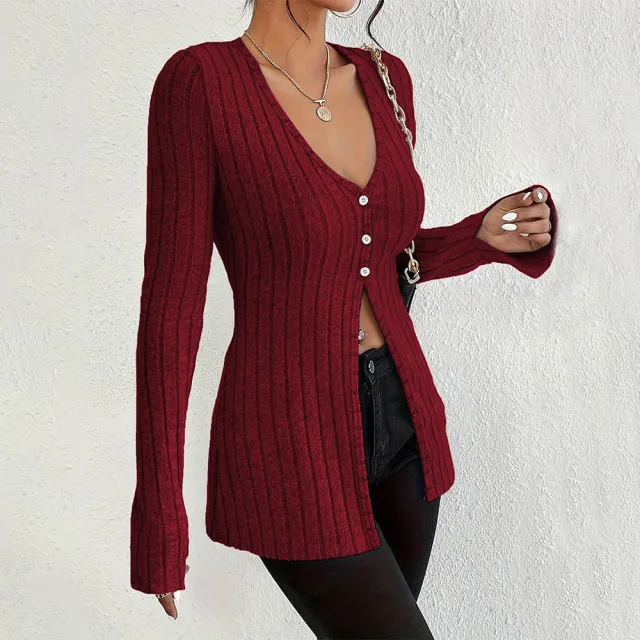 European And American French Sexy Style V neck T shirt Long Sleeve Crop Top Red - Shop at LoveMi