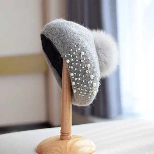 Fox Fur Ball Beret Female Woolen Pearl Gray - Shop at LoveMi