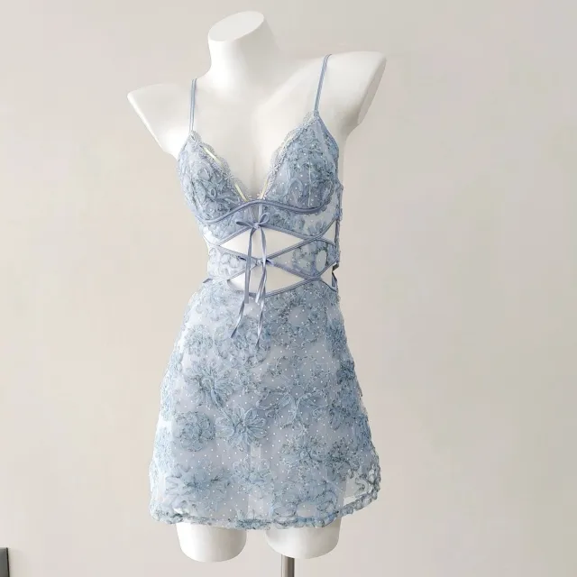 Pure Desire Chest Lace Mesh Suspender Popular Short Skirt Embossed Flower Hollow Out Blue - Shop at LoveMi