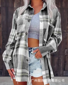 Women's Plaid Long-sleeved Lapel Cardigan Coat Shirt - Grey - View 1