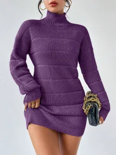 European And American Autumn And Winter Half-high Collar Knitwear Dress - Purple - View 1