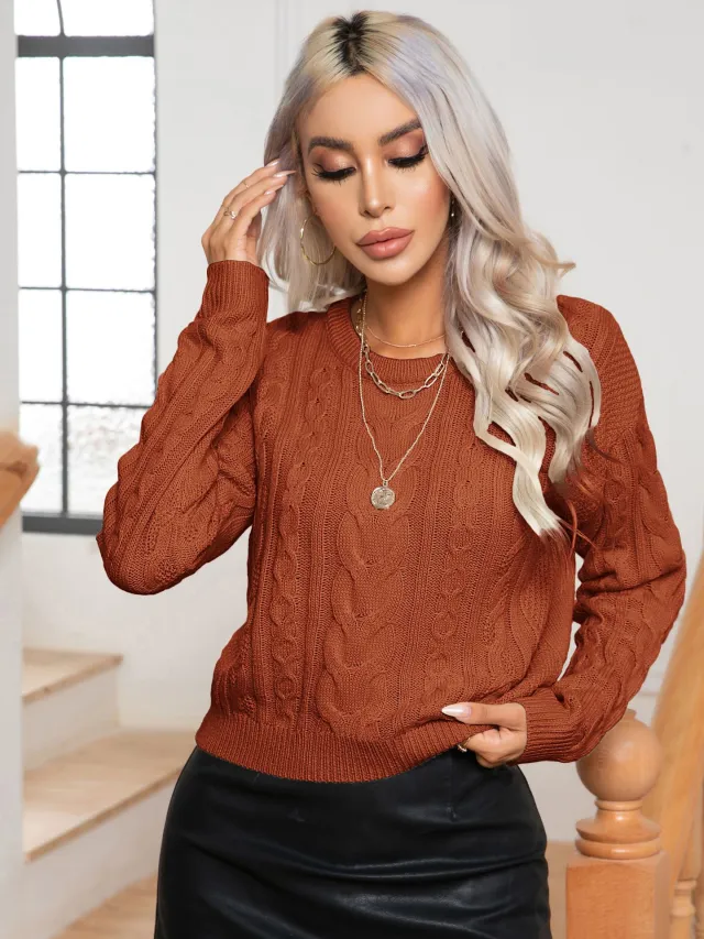 Womens Retro Cable Knit Long Sleeve Knitted Pullover Sweater Brown - Shop at LoveMi
