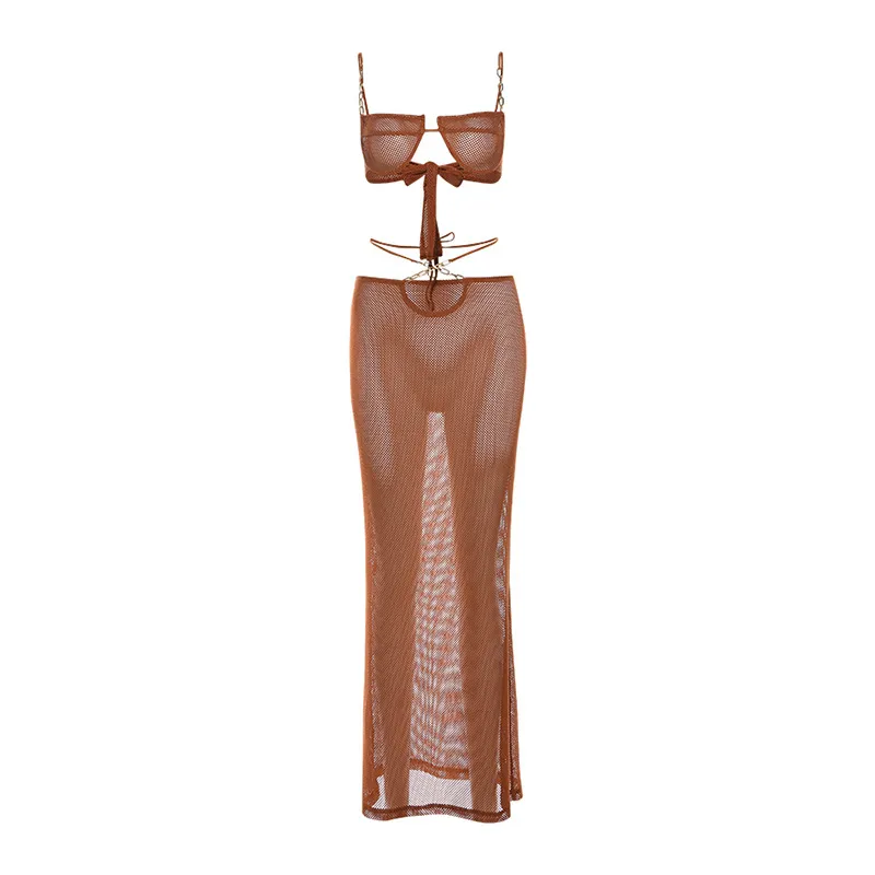 See-through Bikini Skirt Suit For Women - Brown