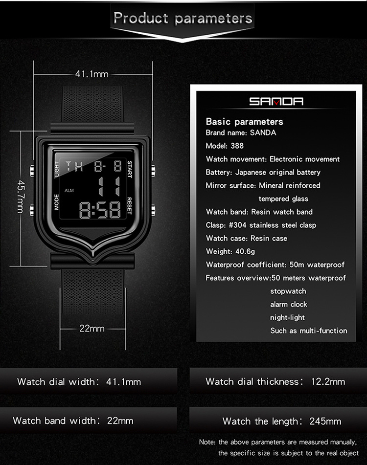 Sanda 388 Stylish Fashionable Square Outdoor Sports Digital Watch