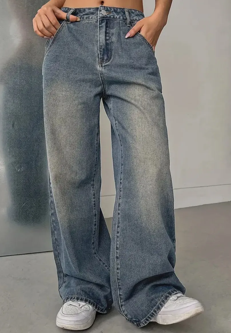 European And American Women's Washed Vintage Denim Pants - Sea Blue