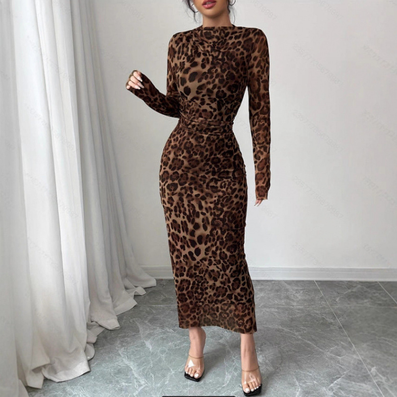 European And American Leopard-Print Fashion Long-Sleeve Dress