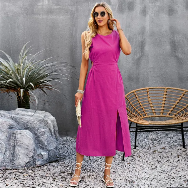 Women's Summer Solid Color Sleeveless Dress Rose Red - Shop at LoveMi