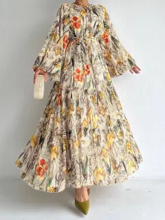 Floral-print Long-sleeve Chic And Elegant Robe Dress - Ginger Yellow - View 1