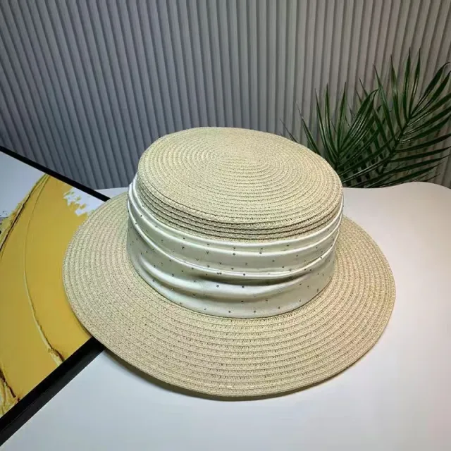 Spring And Summer Short Brim Satin Rhinestone Straw Flat Top Hat Women Beige - Shop at LoveMi