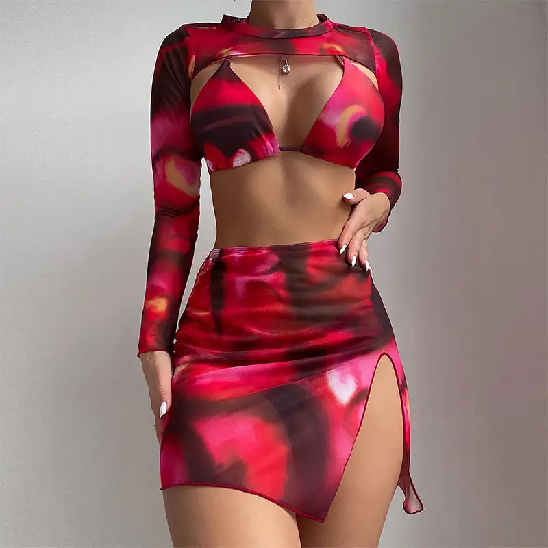 Womens Floral Print Long-Sleeve Bikini Three-Piece Swimsuit