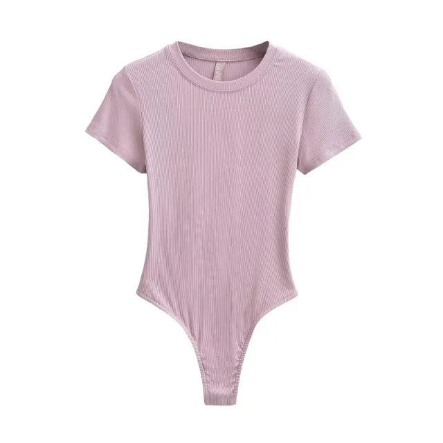 Neck Short Sleeve Rompers Slim Fit Slimming T shirt Top Pink - Shop at LoveMi