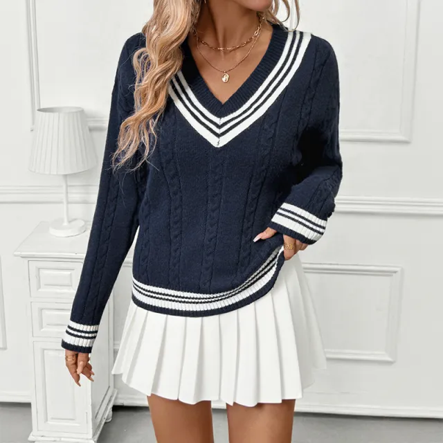 V neck Cable knit Sweater European And American Women's Clothing College Style Contrast Color Pullover Dark Blue - Shop at LoveMi