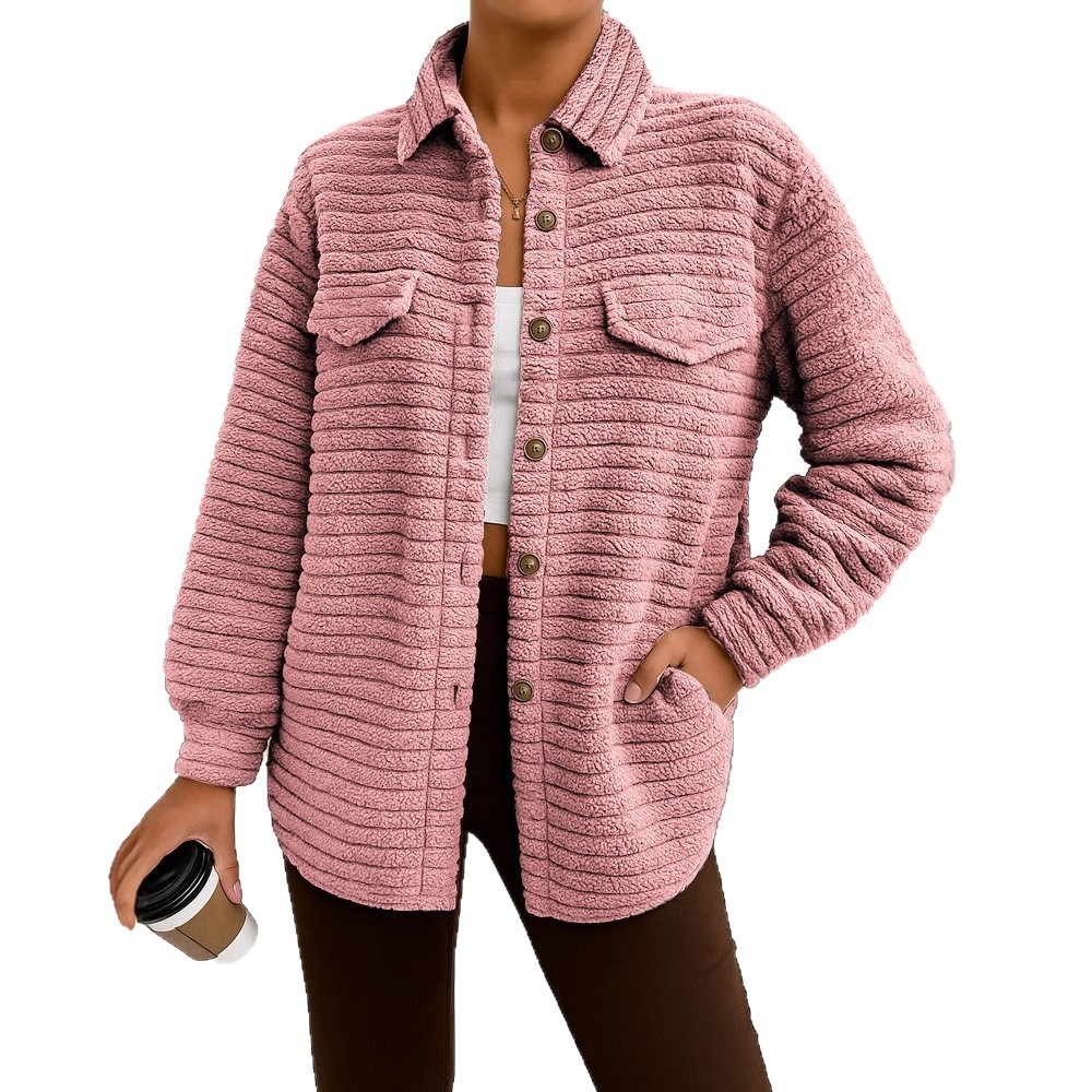 Casual Loose Fashion Striped Long Sleeves Cardigan Lapel Plush Coat