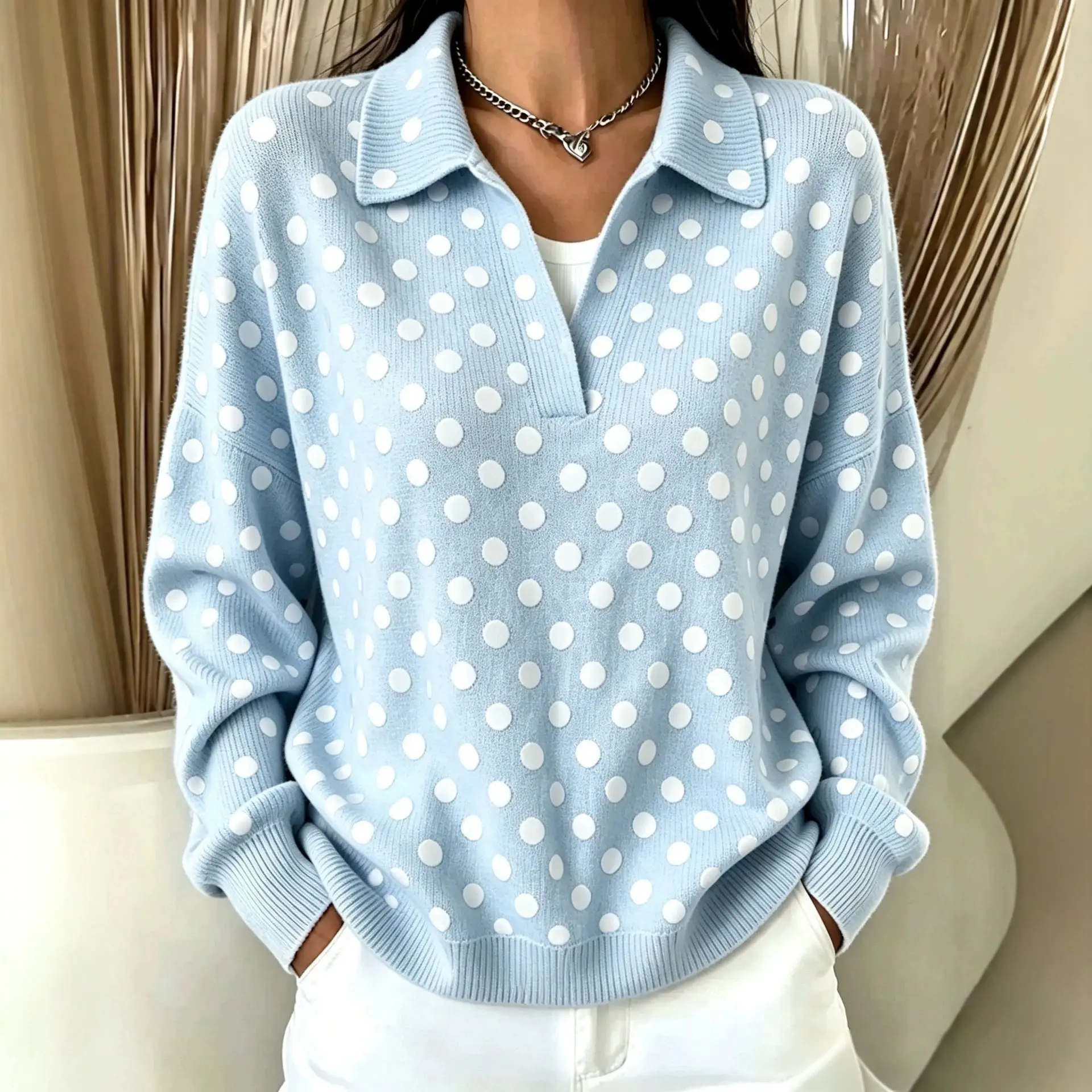 Loose-fitting Long-sleeve Polo-neck Knit Sweater