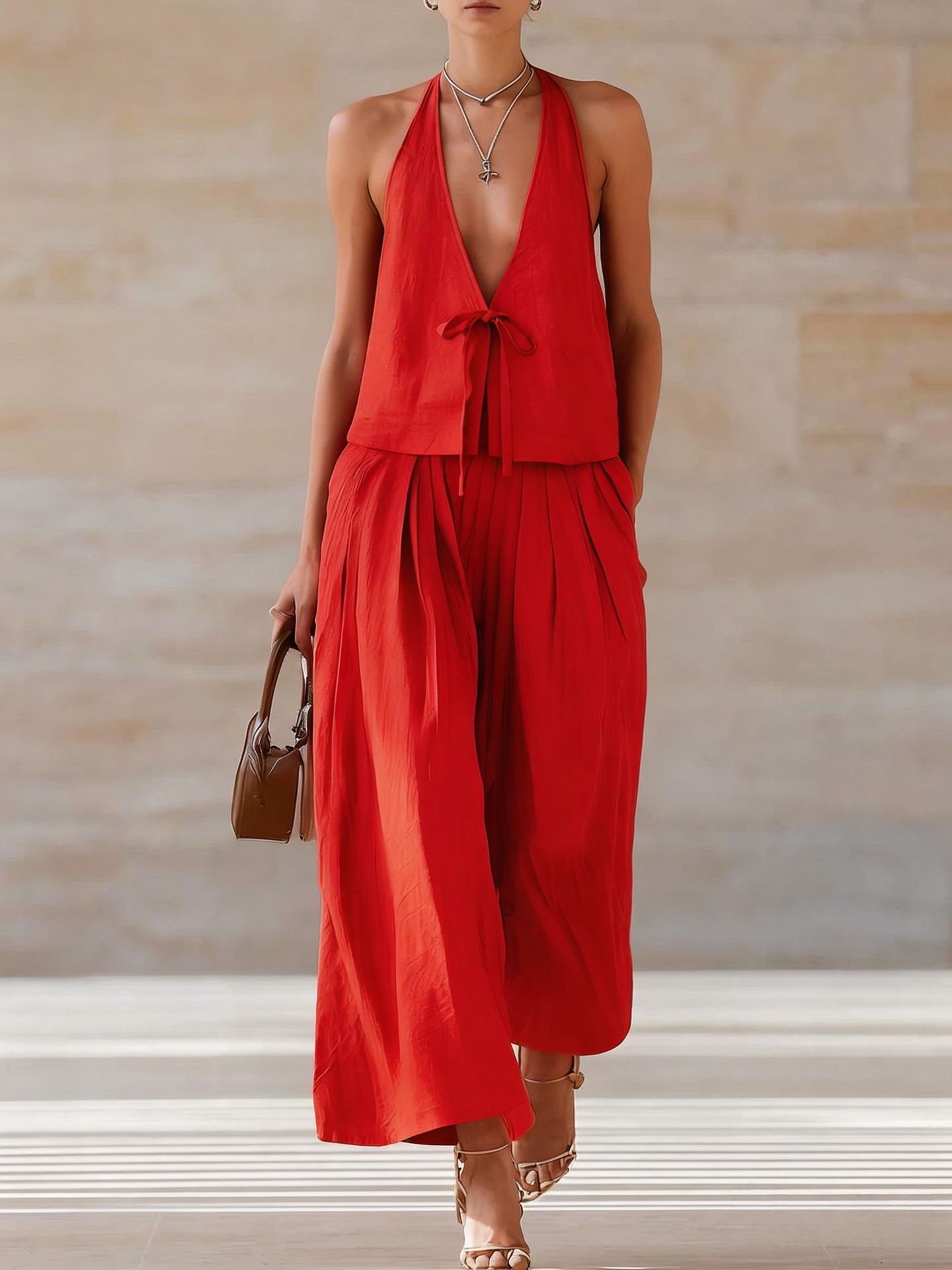 Women's Wide-Leg Pants Set in Red – Final Campaign Shot
