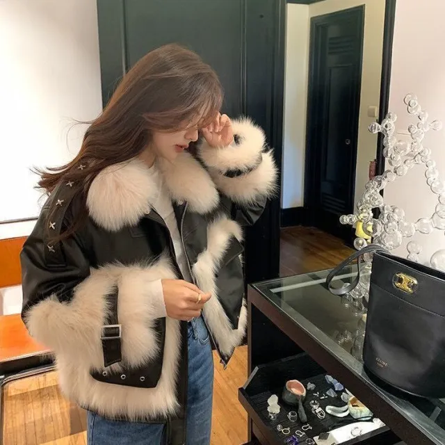 Sense Fox Fur Stitching Leather Coat Black - Shop at LoveMi