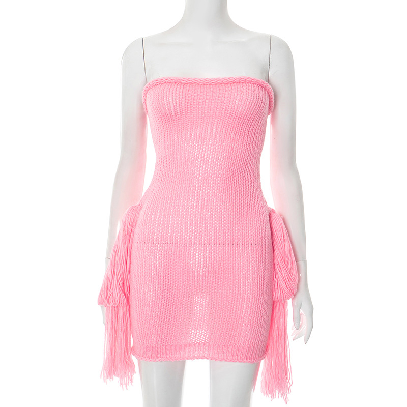 Sweet Design Sense Fashion Trend Tube Top Knitted Dress Pink - Shop at LoveMi