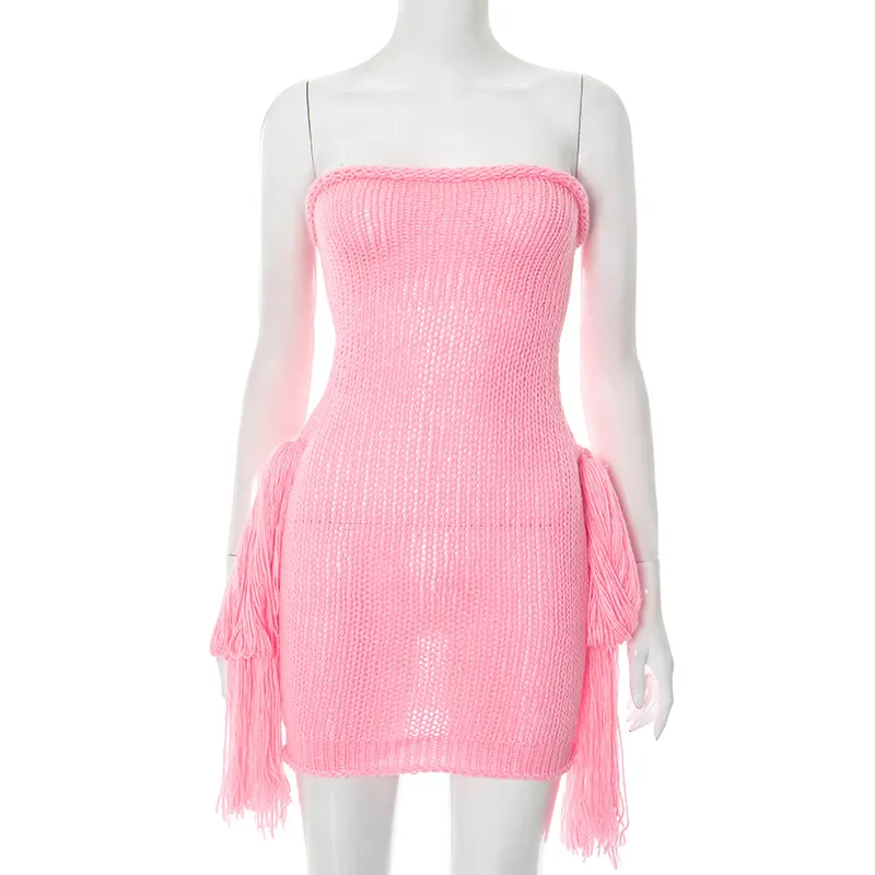 Sweet Design Sense Fashion Trend Tube Top Knitted Dress - Pink