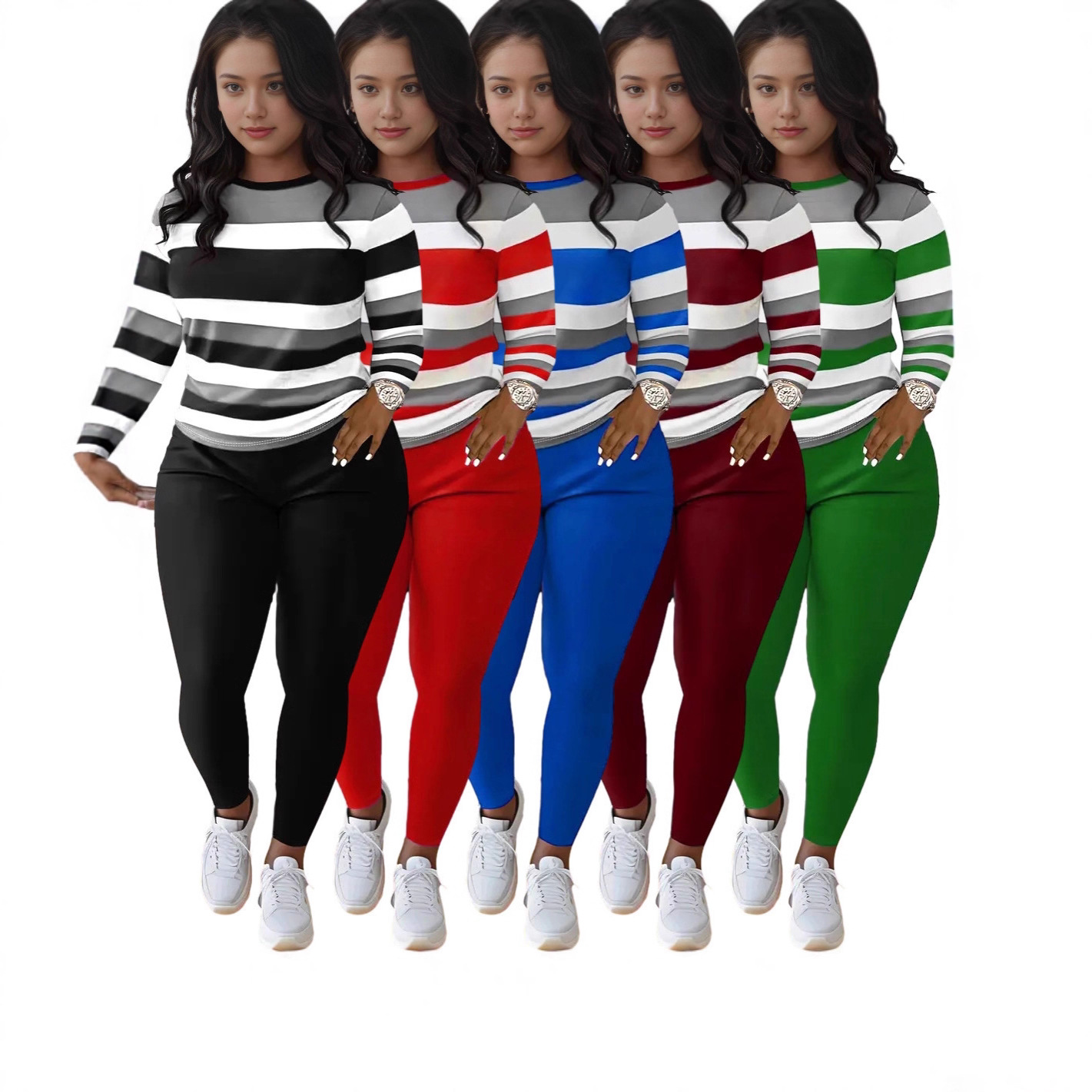 Stylish Striped Print Crew-neck Long-sleeve Pants Set - Image 8