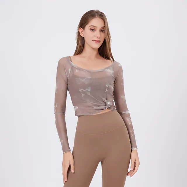Fake Two piece Sports T shirt Women's Long Sleeve With Chest Pad Evaporated Milk Cocoa - Shop at LoveMi
