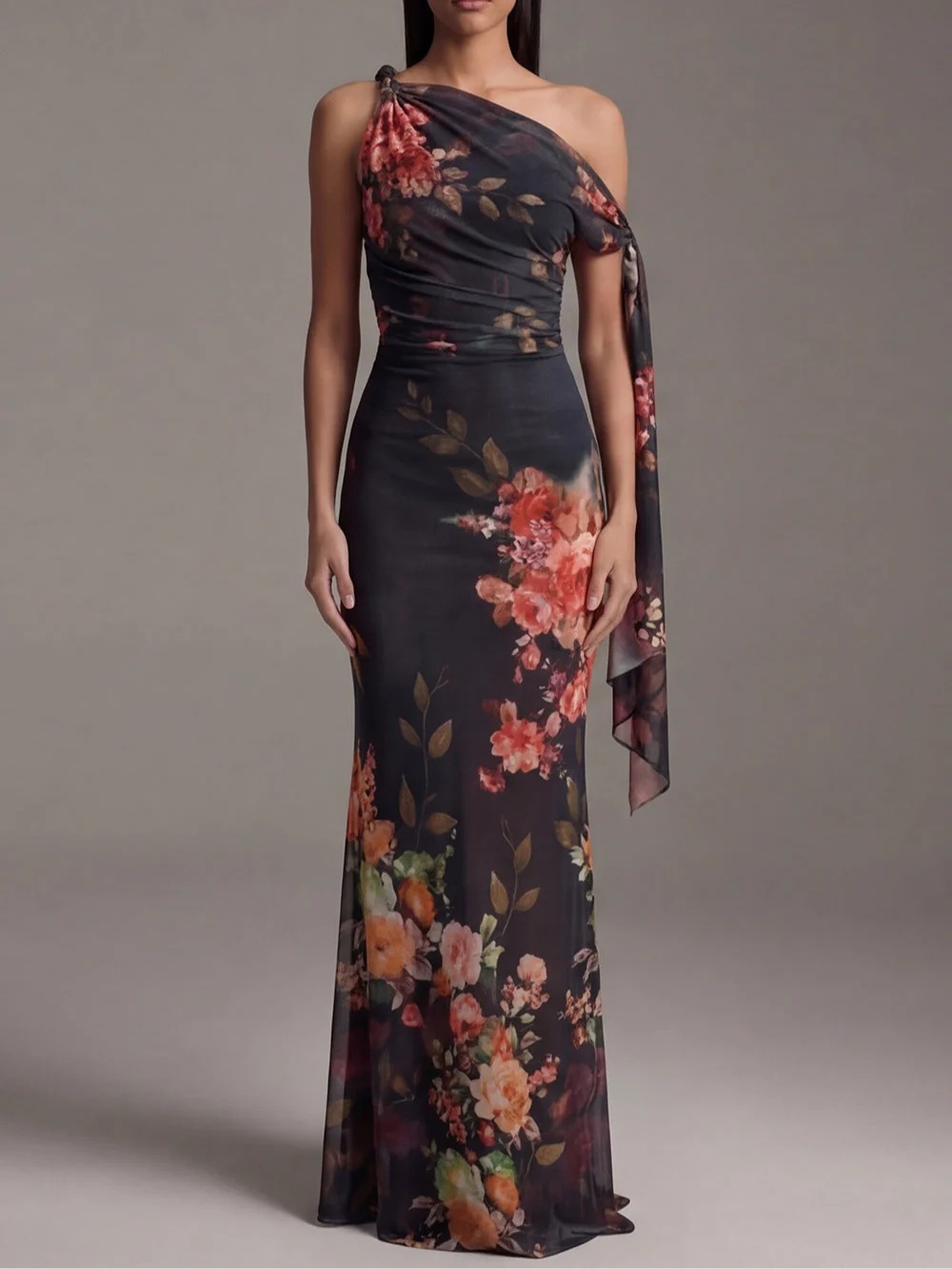 Womens Digital-Print One-Shoulder Defined-Waist Dress