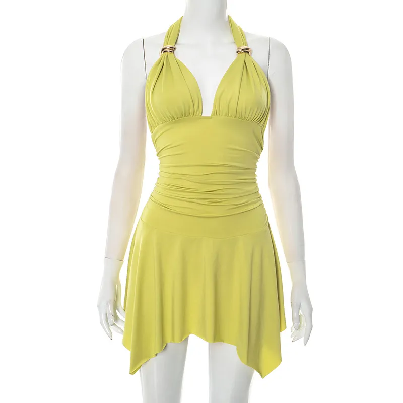V-neck Halter Lace-up Stitching Pleated Sexy Jumpsuit Short Skirt - Green