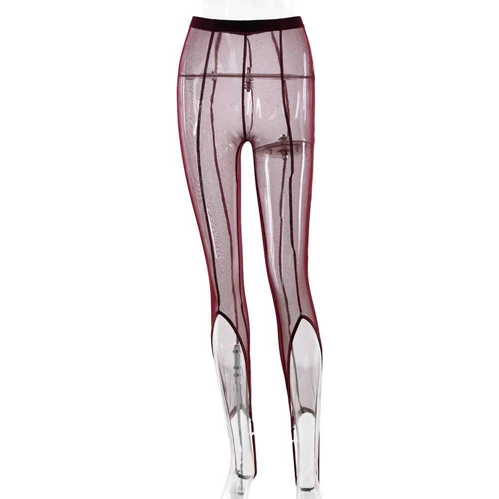 Sexy Sheer Mesh High Waist Hip Lift Pure Color Tight All-match Leggings - Wine