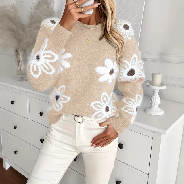 Elegant Flowers Knitted Sweater Fashion Casual Apricot - Shop at LoveMi
