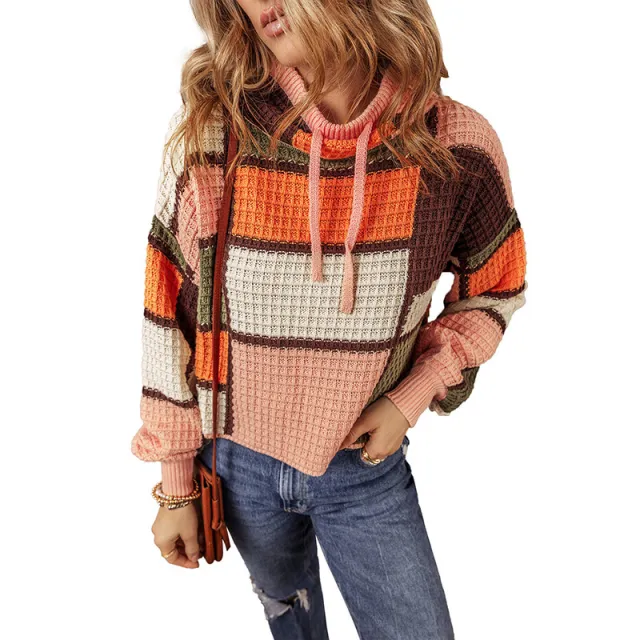 Women's Casual Waffle Color Matching Long Sleeve Drawstring Stand Collar Sweater Color - Shop at LoveMi
