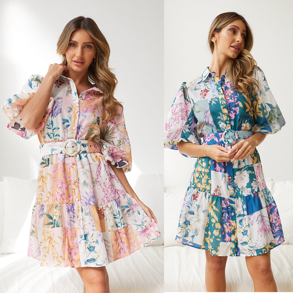 Women's Lantern Short Sleeve Belt Single-breasted A- Line Dress