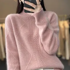 Half-high Collar Women's Short Cashmere Sweater - Flower Pink - View 1