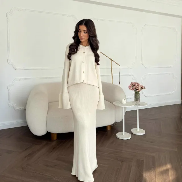 New Autumn Crew Neck Button Up Cardigan Knitted Sweater Dress White - Shop at LoveMi