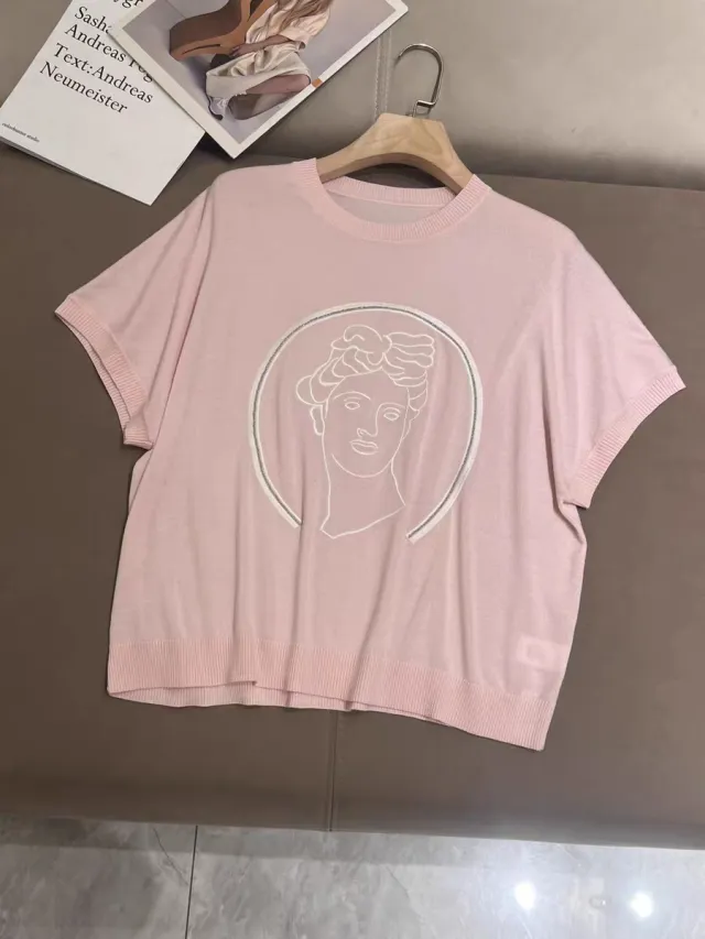 Young Commuter Heavy Industry Beads Pattern Pullover Wool Knitwear Short Sleeve Women Pink - Shop at LoveMi