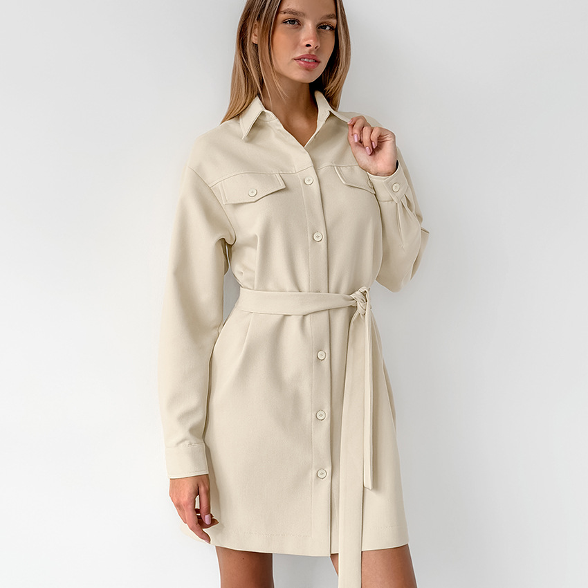 Lapel Drop Shoulder Sleeve Pocket Retro Dress Women Khaki - Shop at LoveMi