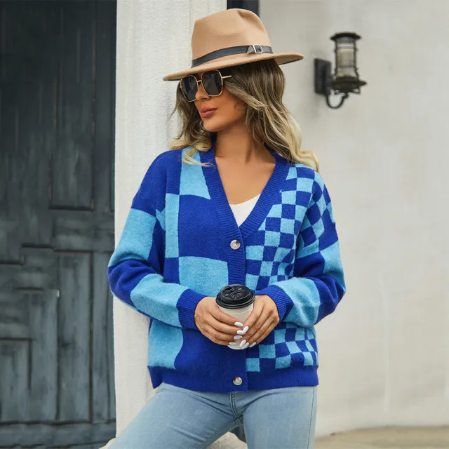 Autumn And Winter New Women's Knitted Plaid Stitching Plus Size Sweater Blue - Shop at LoveMi