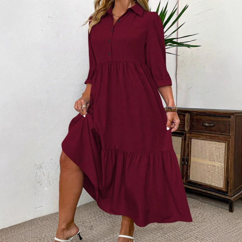 Solid Color Polo Collar Elastic Cuff Loose Dress Wine Red - Shop at LoveMi