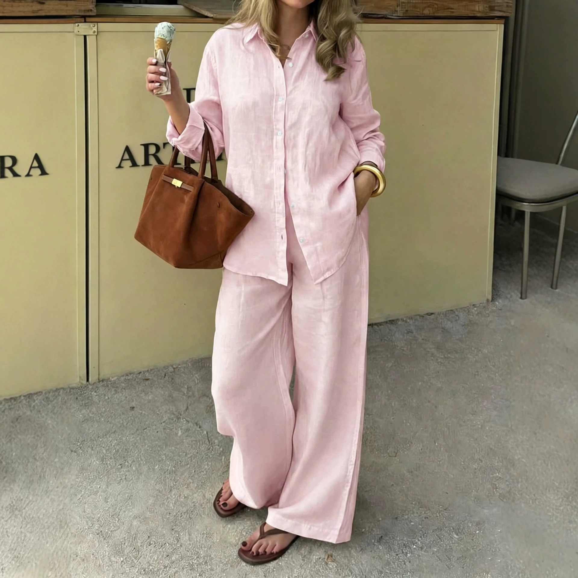 Simple Linen Two-piece Set With A Lapel And Long Sleeves 10