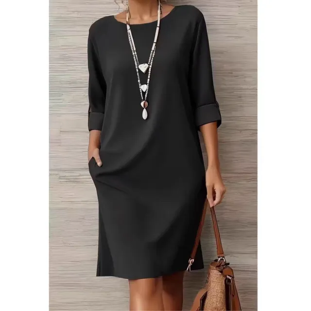 Versatile Solid color Mid sleeve Dress With Side Pockets Black - Shop at LoveMi