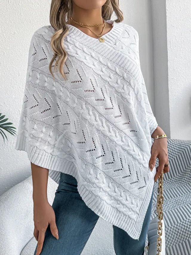 Cable Loose fitting Cloak Sweater Coat Women's Clothing White - Shop at LoveMi